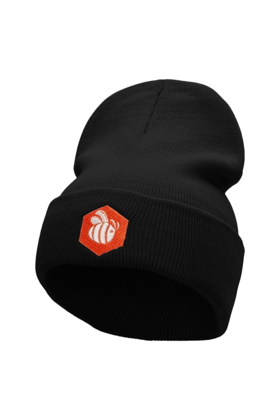 Hexagon Bee Embroidered 12 inch Acrylic Cuffed Long Beanie - Black OSFM