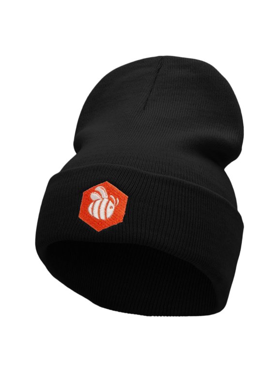 Hexagon Bee Embroidered 12 inch Acrylic Cuffed Long Beanie - Black OSFM
