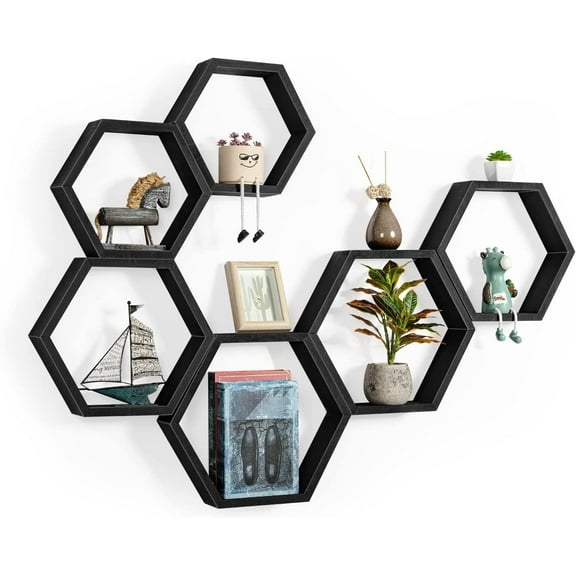 Hexagon Black Hexagon Shelves for Wall Wood Farmhouse Storage Honeycomb Shelves Set of 6 Hexagon Wall Mounted Home Decor Storage Shelves for Living Room Bedroom Office