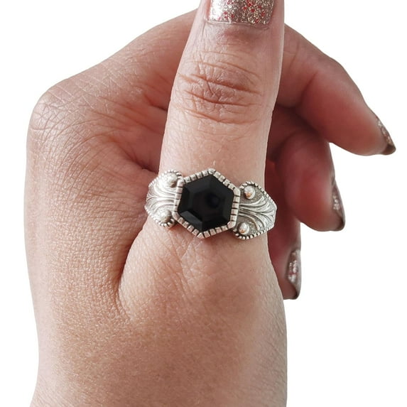 Hexagon Black Onyx Ring, 925 Sterling Silver Oxidized, Women Ring, Natural Onyx, December Birthstone, Christmas, Thanksgiving, Tiny Dainty Ring, Handmade, Statement Jewelry, Wedding, Anniversary Gift