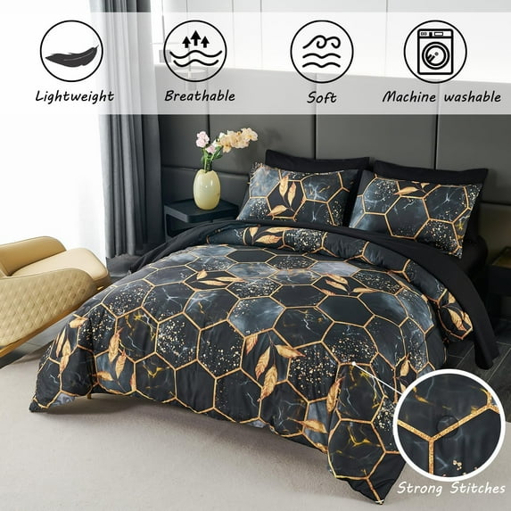 Hexagon Black and Gold Comforter Set Queen Size - 7 Pieces Geometric Bedding with Sheets, Gold Trim Print Bed in A Bag