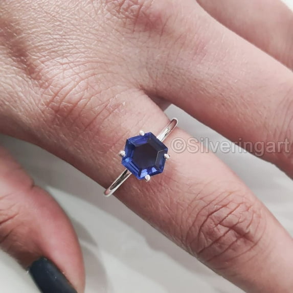 Hexagon Blue Sapphire Ring, 925 Sterling Silver Ring, Women Ring, Hydro Blue Sapphire, September Birthstone, Christmas, Thanksgiving, Tiny Dainty Ring, Handmade, Statement Jewelry, Anniversary