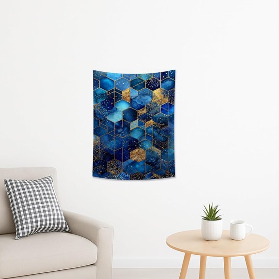 Hexagon Blue Tapestry, Glittering Galaxy Decorative Wall Hanging, Celestial Tapestries Aesthetic for Bedroom, Living Room, Dorm 30x40 Inch