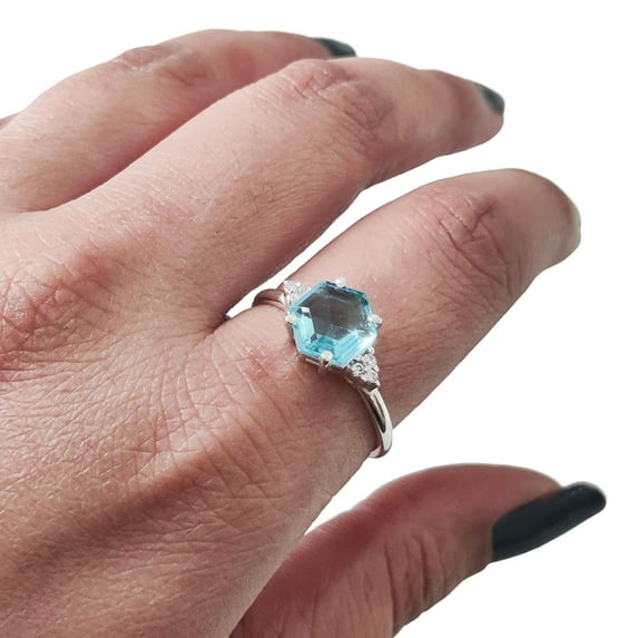 Hexagon Blue Topaz Ring, 925 Sterling Silver, CZ Ring, Women Ring, Natural Topaz, November Birthstone, Christmas, Thanksgiving, Tiny Dainty Ring, Handmade, Statement Jewelry, Wedding, Anniversary Gift