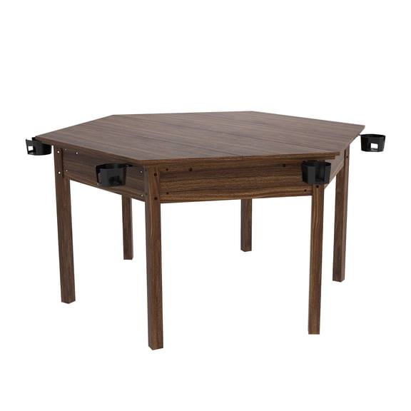 Hexagon Board Game Table with Removable Table Top for 6 Players, Rustic Brown Solid Wood Legs, Non-Slip Play Mat, Rotating Cup Holders, 62.4 Gaming and Dining Table