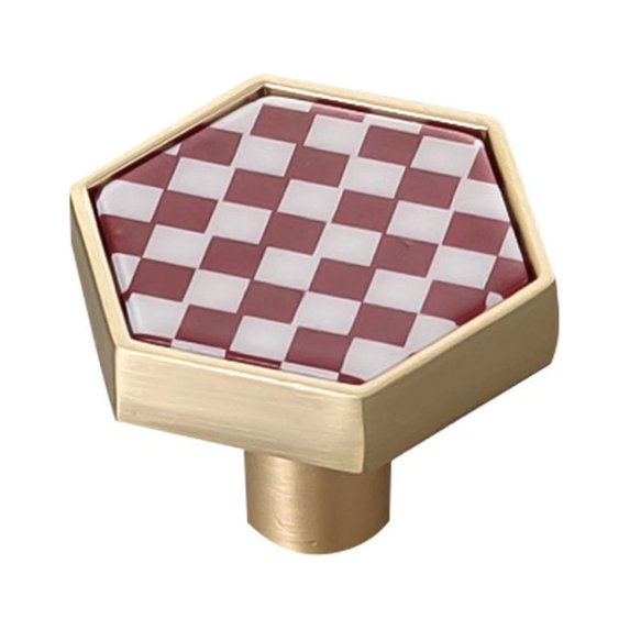 Hexagon Brass Marble Cabinet Knob 1-1/4" (30mm) Vintage Furniture Drawer Knobs, Red Checkered