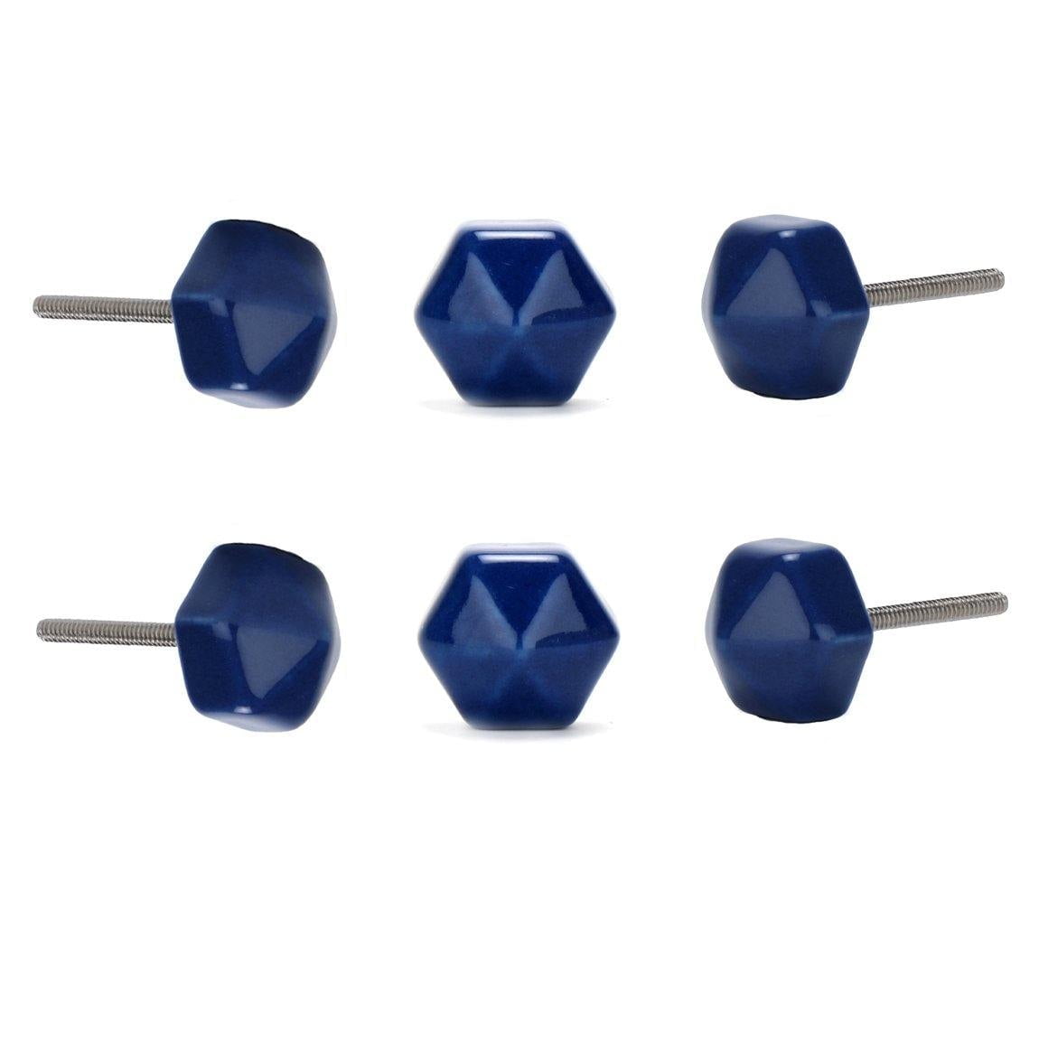 Hexagon Ceramic Small Blue ( Set Of 6 ) Solid Knobs Pull And Push For Handles, Cabinet, Drawer, Door, Wardrobe, Home Interior Decorative Item