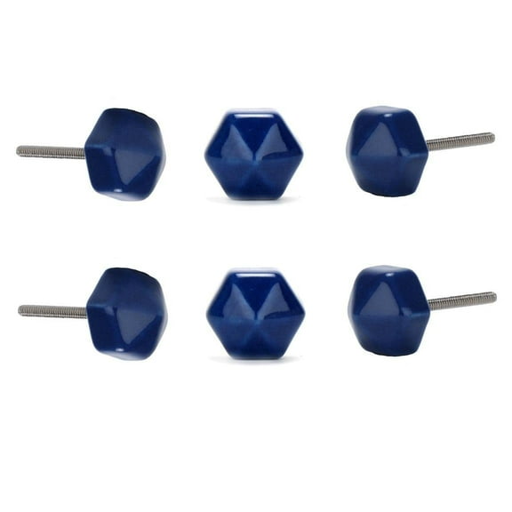 Hexagon Ceramic Small Blue ( Set Of 6 ) Solid Knobs Pull And Push For Handles, Cabinet, Drawer, Door, Wardrobe, Home Interior Decorative Item
