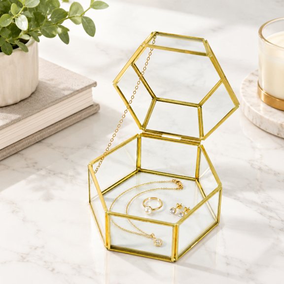 Hexagon Clear Glass Tabletop Keepsake Display Case with Metal Frame and Hinged Lid