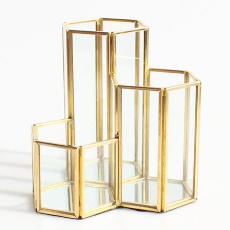Hexagon Copper Glass Geometric Terrarium Planter Pen Organizer Box Novelty Gift 4.53 x 4.53 x 4.53 inch