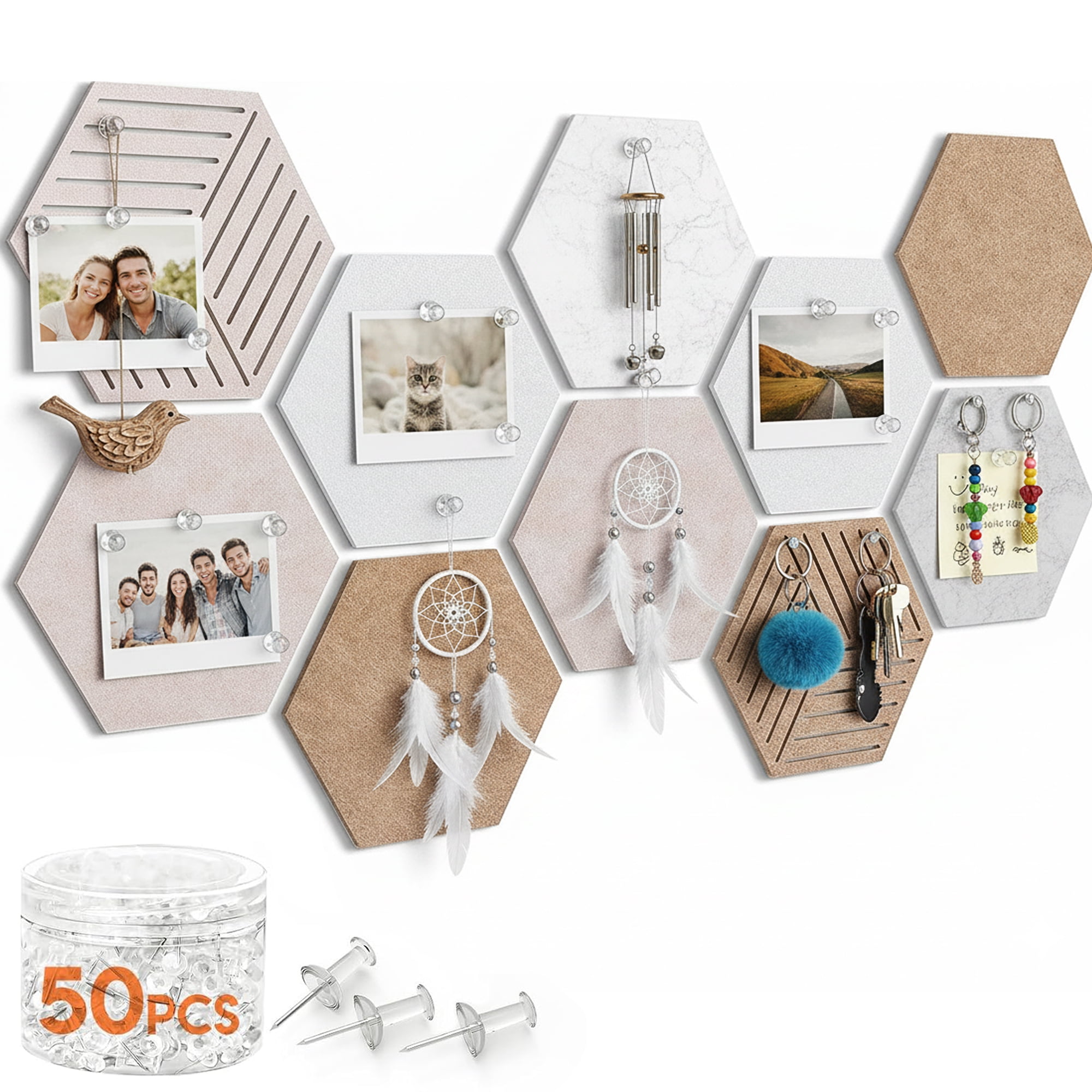 HBK Hexagon Cork Tiles 10 pack with 50 Pins, Self-Adhesive Wall Bulletin for Home Office Decor, Classroom Organization and Photo Display