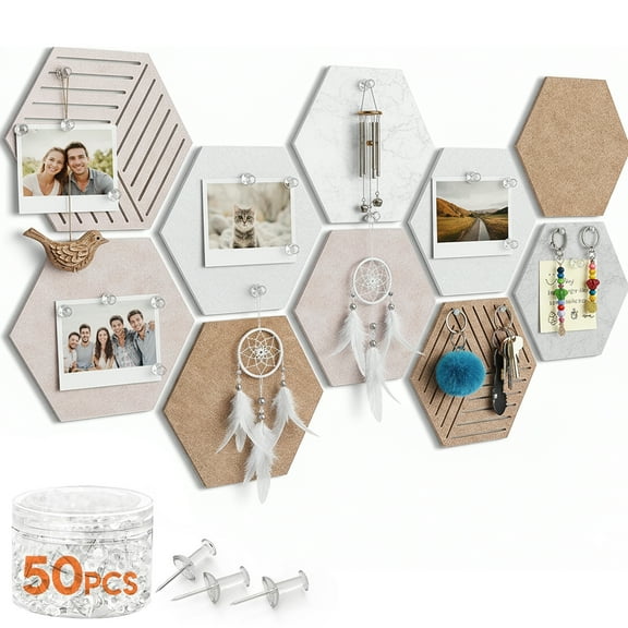 HBK Hexagon Cork Tiles 10 pack with 50 Pins, Self-Adhesive Wall Bulletin for Home Office Decor, Classroom Organization and Photo Display