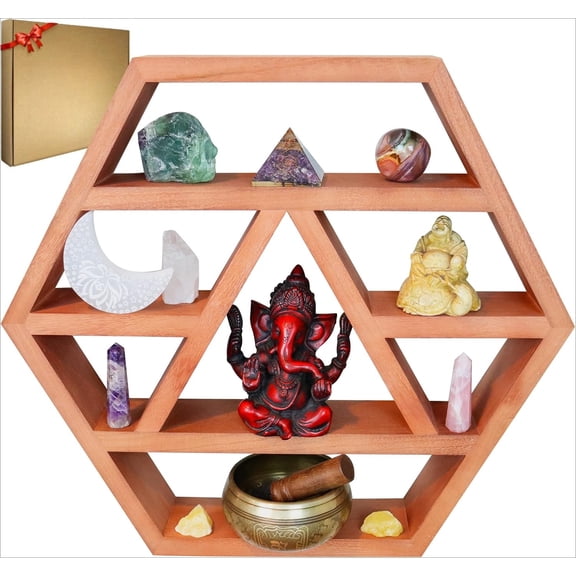 Hexagon Crystal Shelf Display - Large 21" Brown Geometric Altar Shelf for Crystals - Table or Hanging Wood Hexagon Floating Shelves -Boho Crystal Display Shelf & Essential Oils - Spiritual Decor Gift