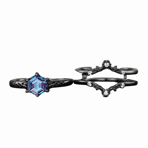 Hexagon Cut Alexandrite Floral Engagement Ring Set in 14k Black Gold vermeil- Promise Ring For Her