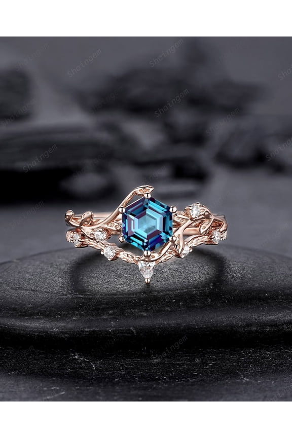 Hexagon Cut Alexandrite Leaf Engagement Ring Set, Twig Branch Wedding Ring, Rose Gold June Birthstone Vine Promise Ring