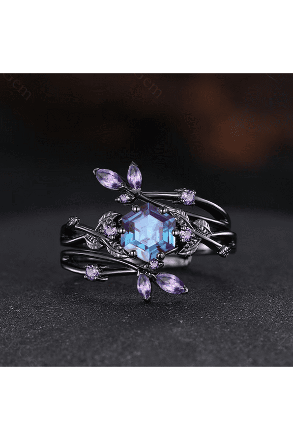 Hexagon Cut Alexandrite Ring in 14K Black Gold Vermeil- Alexandrite Engagement Ring For Women- Cluster Art Deco Bridal Ring- June Birthstone