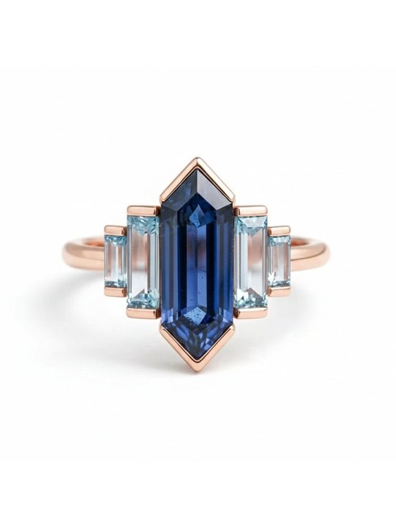Hexagon Cut Blue Sapphire & Baguette Cut Aquamarine Engagement Ring, Five Stone Stackable Anniversary Gift, September Birthstone Ring, Art Deco Ring