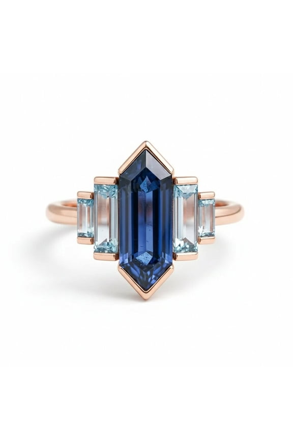 Hexagon Cut Blue Sapphire & Baguette Cut Aquamarine Engagement Ring, Five Stone Stackable Anniversary Gift, September Birthstone Ring, Art Deco Ring
