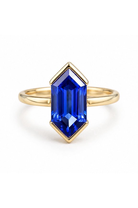 Hexagon Cut Blue Sapphire Ring, Half Bezel Set Solitaire Ring, Anniversary Ring for Her, Stackable Band Ring, September Birthstone Ring