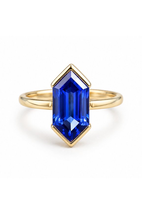 Hexagon Cut Blue Sapphire Ring, Half Bezel Set Solitaire Ring, Anniversary Ring For Her, Stackable Band Ring, September Birthstone Ring