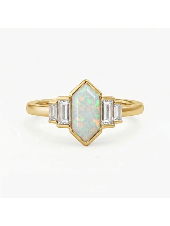 Hexagon Cut Ethiopian Opal & Baguette Cut Diamond Half Bezel Ring, 925 Sterling Silver Ring, October Birthstone Trendy Ring, Engagement Gift Jewelry