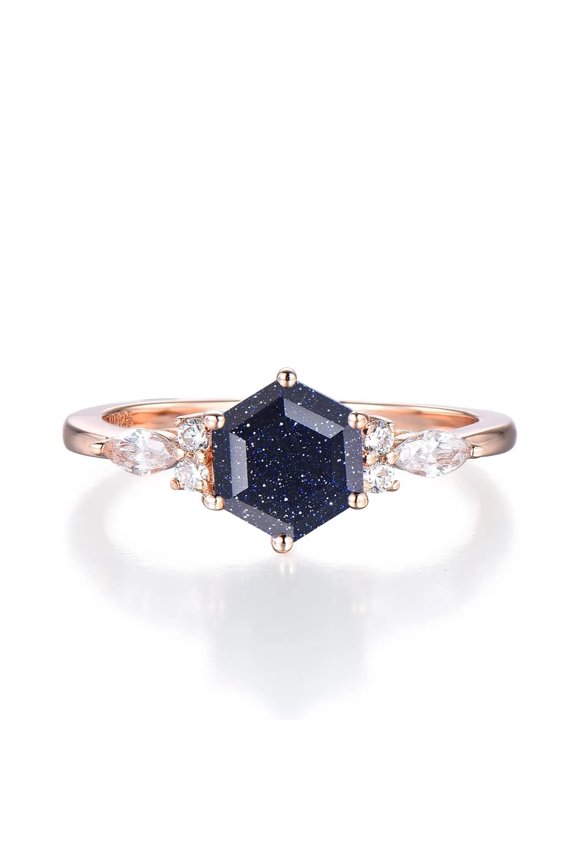 Hexagon Cut Lab-Created Galaxy Blue Sandstone and Diamond Anniversary Promise Ring in 925 Sterling Silver – Elegant Jewelry for Her, Unique Gift Idea