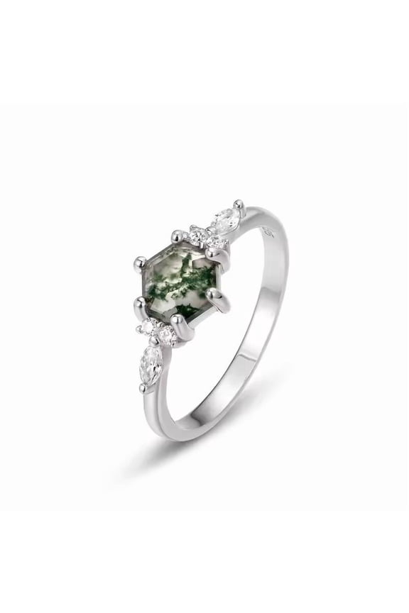 Hexagon Cut Lab Created Moss Agate & Diamond Vintage Ring in 925 Sterling Silver - Wedding Engagement Ring, Unique Bride Gift Fine Jewelry