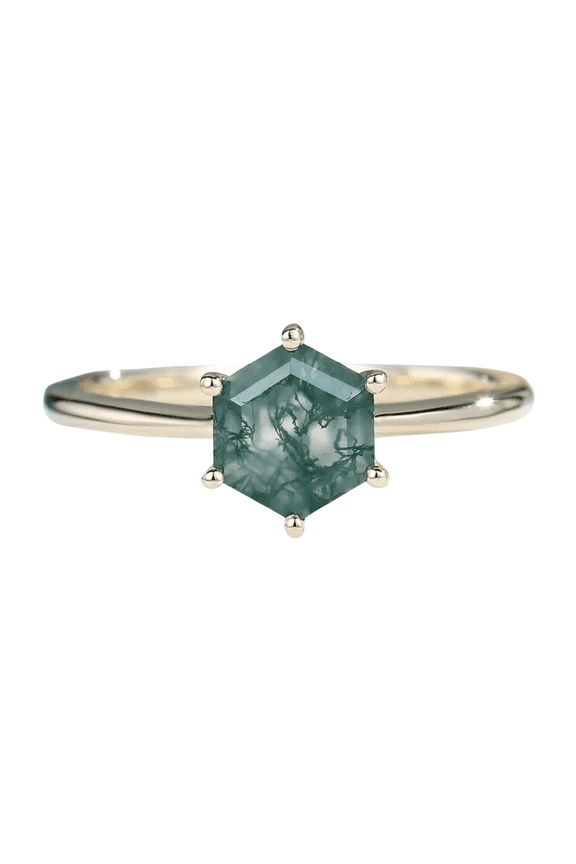 Hexagon-Cut Natural Moss Agate Solitaire Engagement Ring in 925 Sterling Silver for Women – Elegant, Unique, and Nature-Inspired Jewelry
