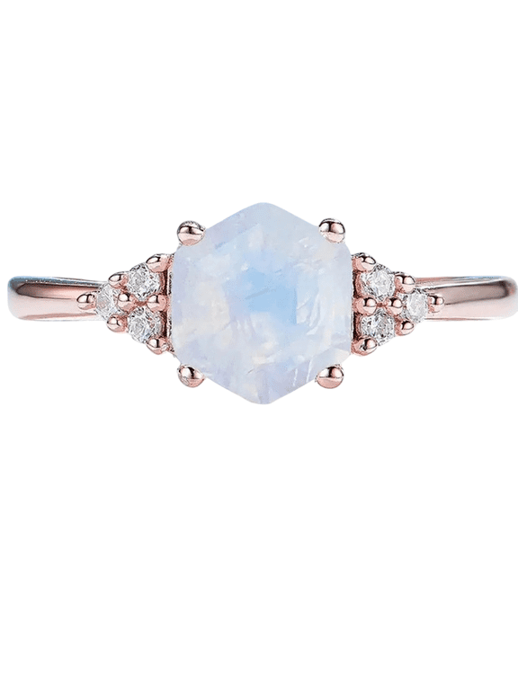Hexagon-Cut Natural Rainbow Moonstone & Lab-Created Moissanite Engagement Ring in 925 Sterling Silver – Elegant Jewelry for Her