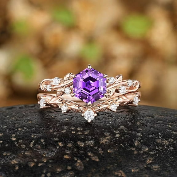Hexagon Cut Purple Amethyst Wedding Ring Set- 14K Rose Gold Vermeil-Nature Inspired Leaf Engagement Ring- Diamond Wedding Band Promise Rings For Women