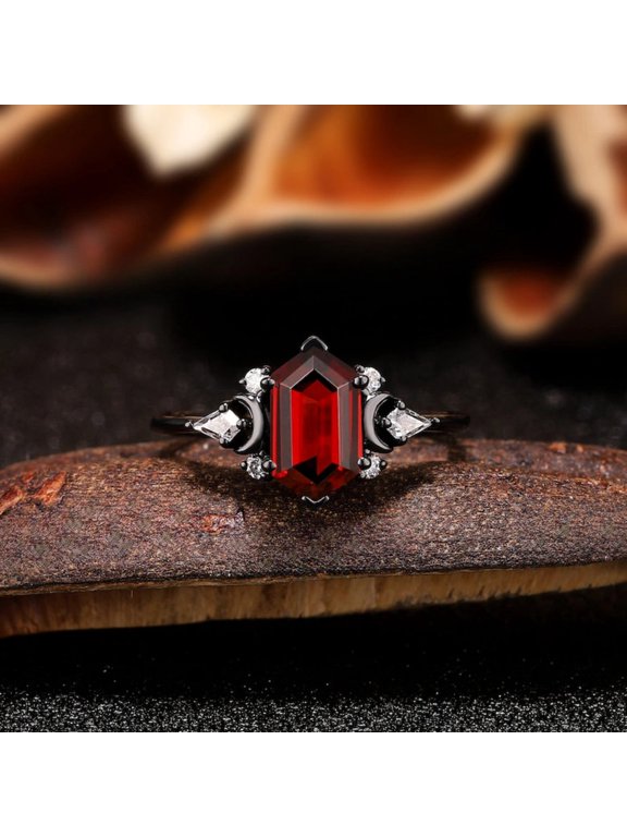 Hexagon Cut Red Garnet Engagement Ring in 14K Black Gold Vermeil – Art Deco Gothic Bridal Ring with Diamond Accents – January Birthstone Ring for Women