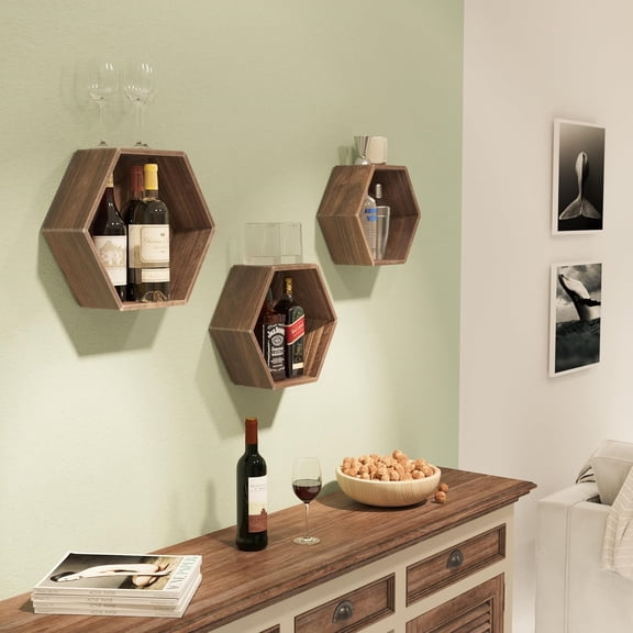 Hexagon Decorative Floating Shelves with Wooden Back - Large, Medium, Small Honeycomb Geometric Box Design Display Bookshelf Picture Ledge - Distressed Walnut - Set of 3
