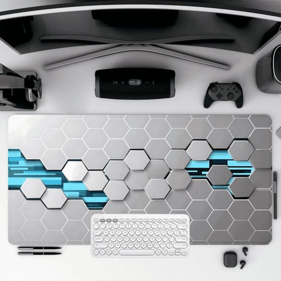 Hexagon Design Rubber Mouse Pad 35.4 x 15.8 inches Gray and Blue Tech Style for Office and Gaming