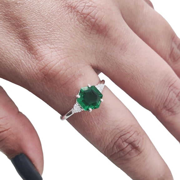 Hexagon Emerald Ring, 925 Sterling Silver, CZ Ring, Women Ring, Hydro Emerald Ring, May Birthstone, Christmas, Thanksgiving, Tiny Dainty Ring, Handmade, Statement Jewelry, Anniversary