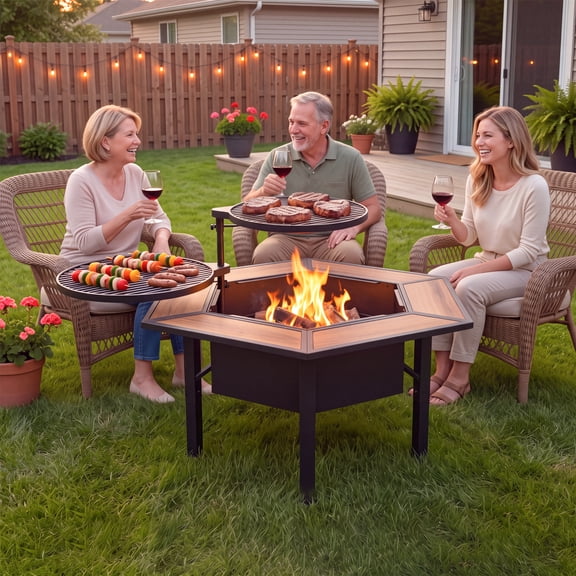 Bleed Hexagon Fire Pit with 3 Grill,3-in-1 Wood Burning Fire Pits for Outside,360 BBQ Grill & Coffee Table, Fast-Cook Inner Layer, Unique Social Shape, Heavy-Duty Steel for Patio Backyard