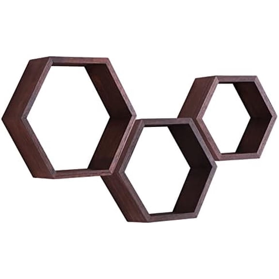 Hexagon Floating Shelves,Honeycomb Shelf Set of 3,Wood Farmhouse Hexagonal Decor Wall Storage for Living Room Bedroom Kitchen Office(Walnut)