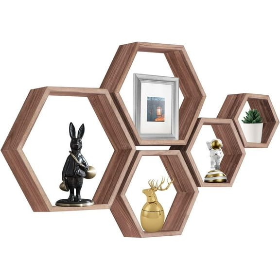 Hexagon Floating Shelves,Honeycomb Shelf,Wall Mounted Rustic Wood Octagon Hanging Storage Shelves Set of 3 for Living Room Bedroom Bathroom Office Hexagonal Decor(Carbonized Black)