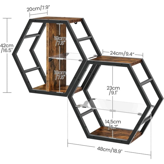 Hexagon Floating Shelves Set of 2, 18.9" Glass Hanging Shelves for Wall Decor, Wall Storage Rack and 12 S-Hooks, for Living Room, Bedroom, Office, Game Center, Rustic Brown TBJ08BF