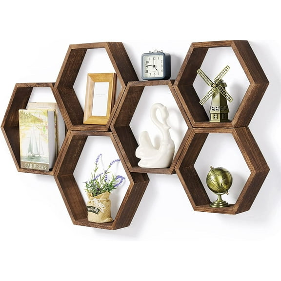 Hexagon Floating Shelves Set of 6 Farmhouse Honeycomb Wall Storage Shelf Wood Display Hexagonal Shelves Wall Mounted Hanging Rustic Shelf Racks for Bedroom Living Room Hallway Office Decor, Brown