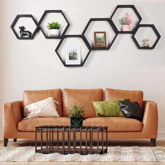 Hexagon Floating Shelves Set of 6, Black Honeycomb Wood Wall Shelves for Farmhouse Decor, Bedroom & Living Room Storage