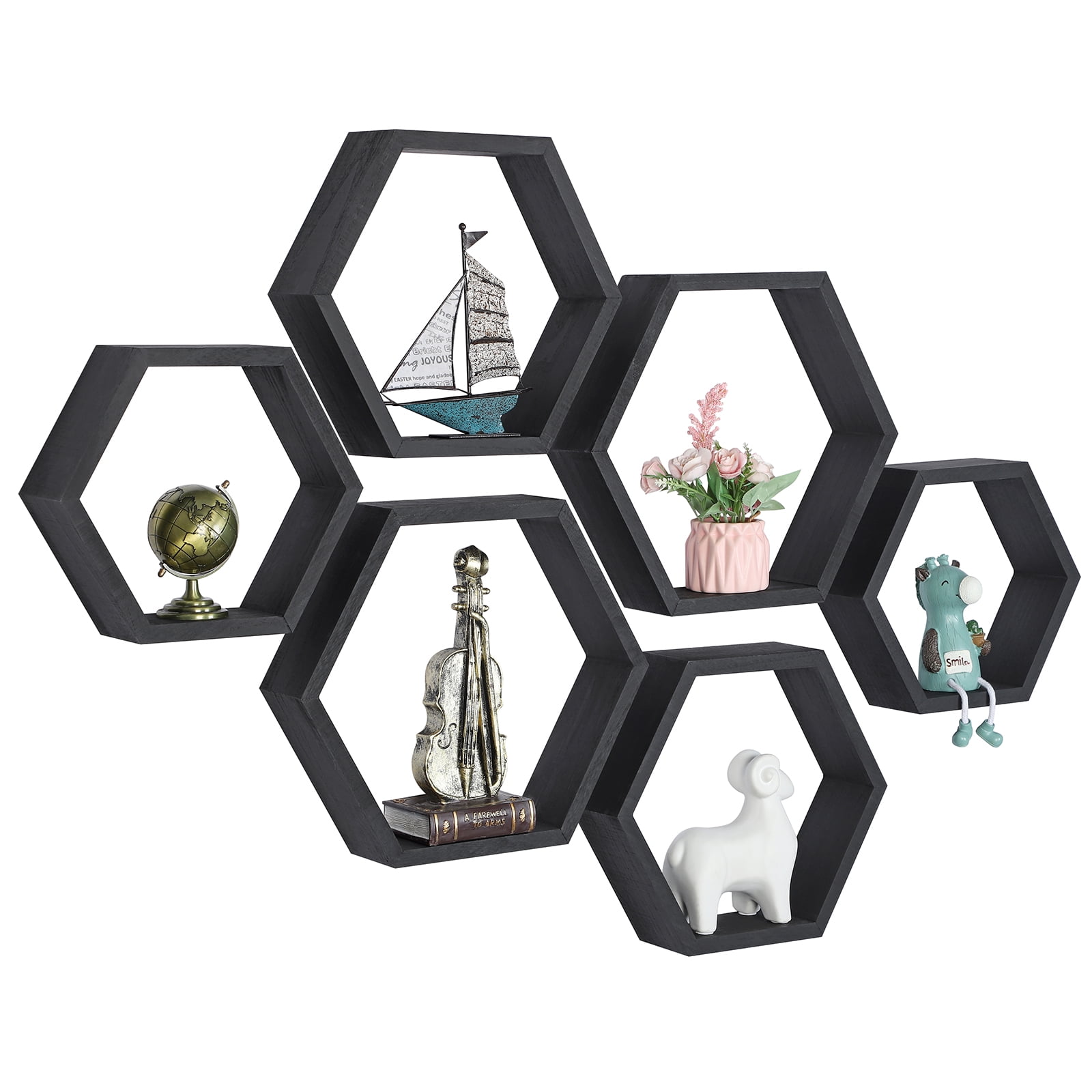 Hexagon Floating Shelves Set of 6 Shelves for Wall, Black