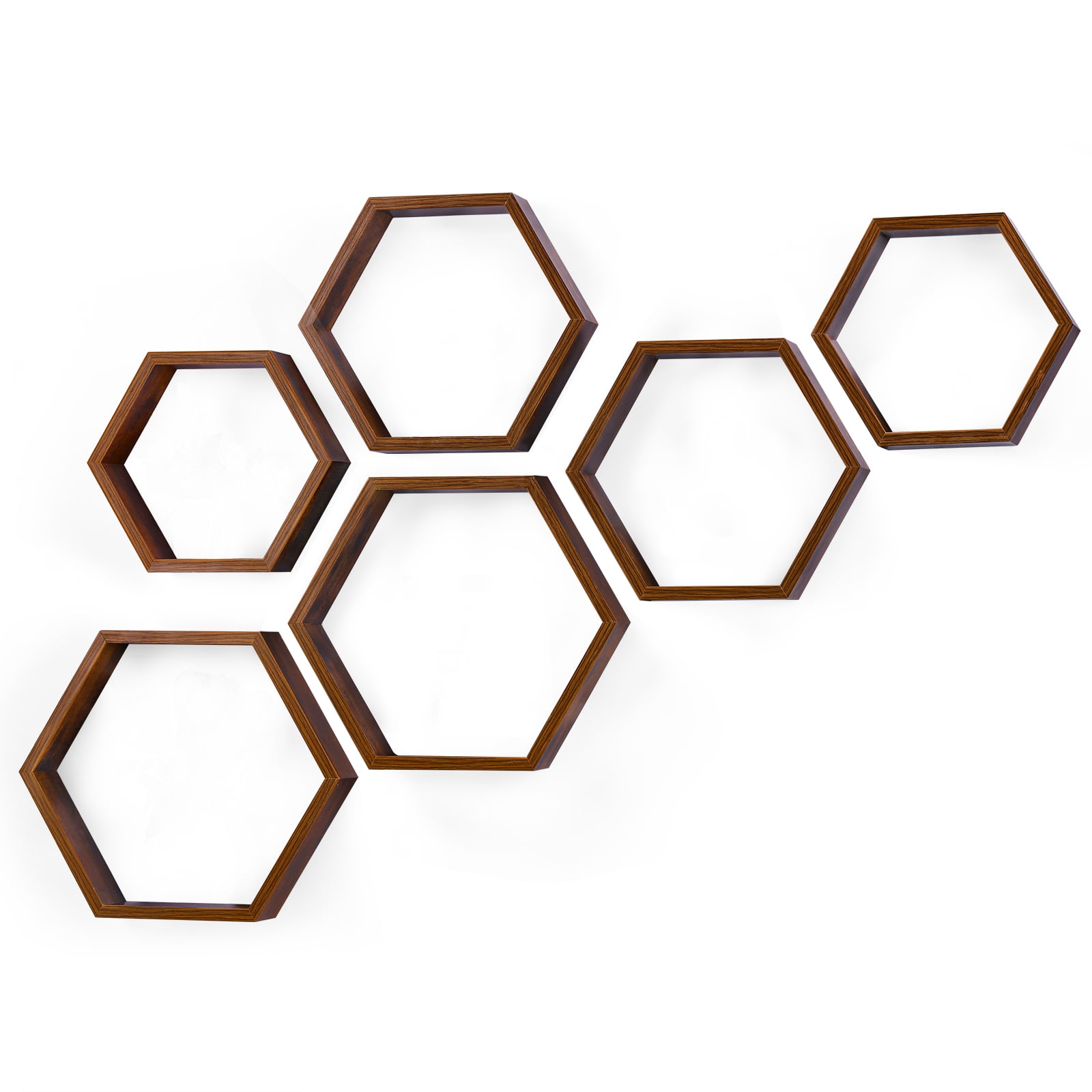 Hexagon Floating Shelves Set of 6 Shelves for Wall, Burnt Brown