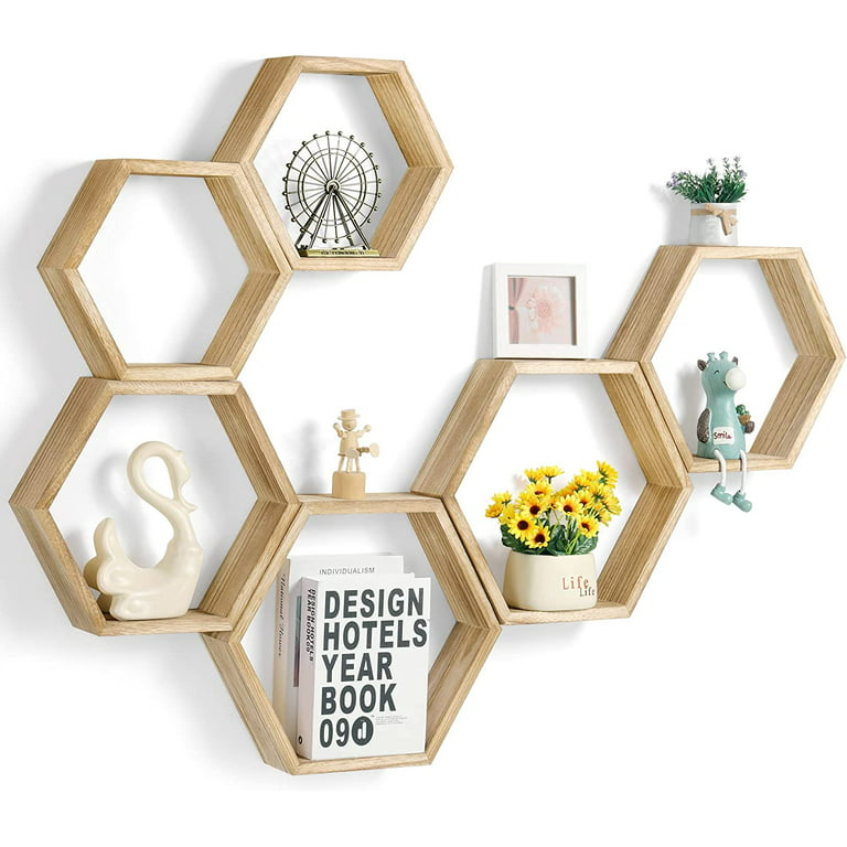 Wall Mounted Hexagon Floating Shelves, Wooden Wall Organizer