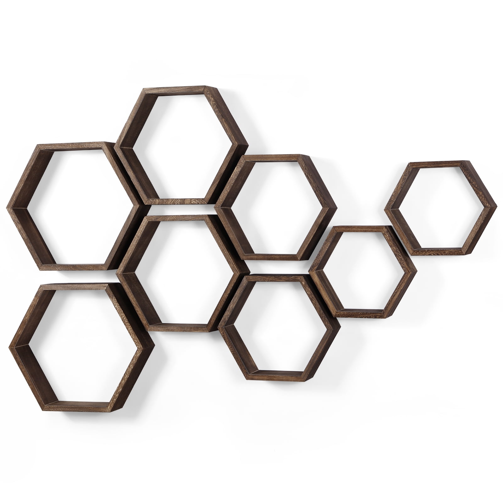 Hexagon Floating Shelves Set of 8 Shelves for Wall, Brown