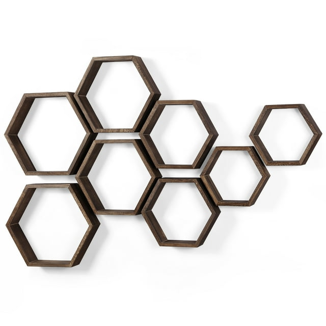 Hexagon Floating Shelves Set of 8 Shelves for Wall, Brown