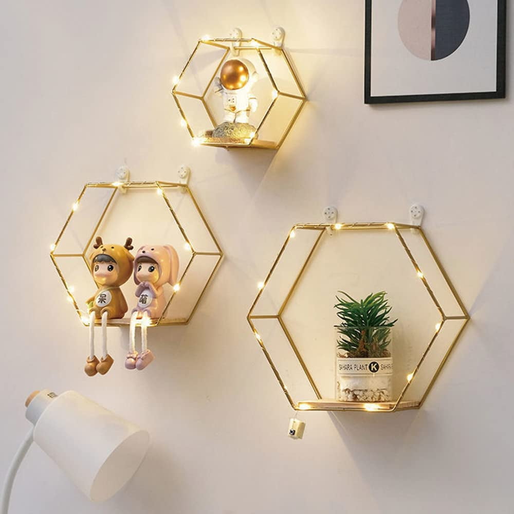 Photo inspiration: Gallery Detail: Hexagon Floating Shelves Wall Decor Gold Metal Wire And Wood