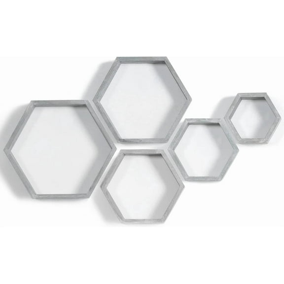 Hexagon Floating Shelves,Wall Mounted Wood Farmhouse Storage Honeycomb Wall Shelf Set of 5,for Bathroom, Kitchen, Bedroom, Living Room,Office,Driftwood Finish (Vintage Grey)
