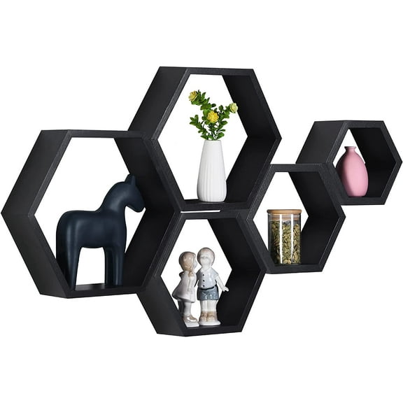 Hexagon Floating Shelves,Wall Mounted Wood Farmhouse Storage Honeycomb Wall Shelf Set of 5,for Bathroom, Kitchen, Bedroom, Living Room,Office,Home Room Wall Decor Driftwood Finish