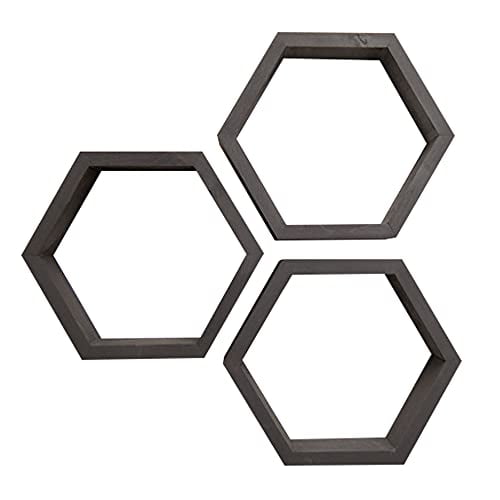 Hexagon Floating Wall Shelves, Farmhouse Style Decorative Bookshelves for Kitchen, Bedroom, Living Room, and More, Solid Wood, 10.13" H x 11.75" W x 4.00" D, Black, 3-Pack