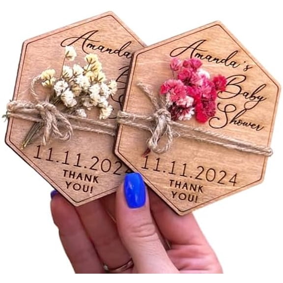 Hexagon Floral Party Favors, Personalized Baby Shower Favors for Guests, Quinceanera Favors, Bridal Shower Favors, Party Gifts for Guests, Wooden Magnet with Envelopes and Stickers, Pack of 8 to 300